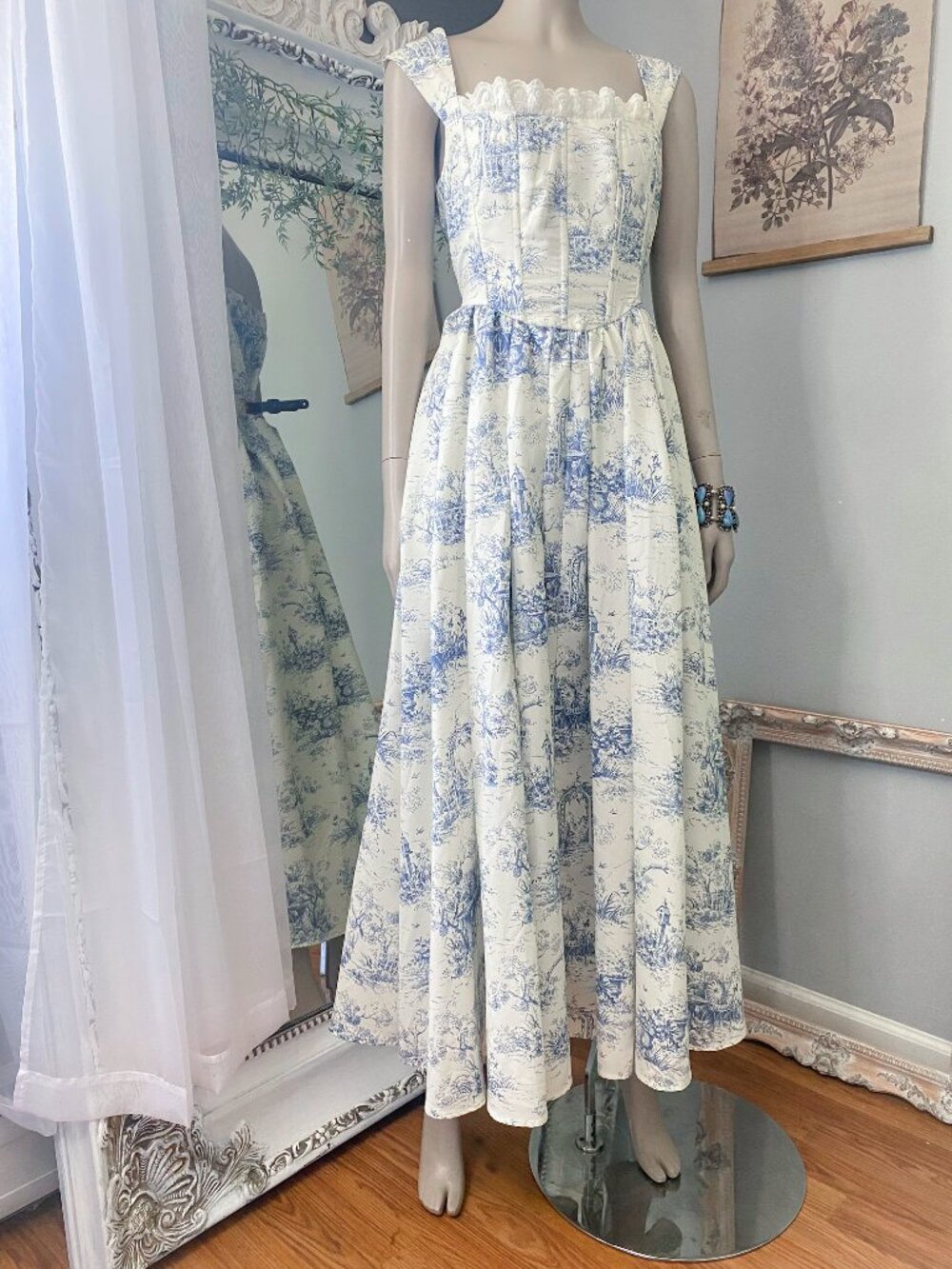 Basque waist white provincial maxi dress with blue french toile print